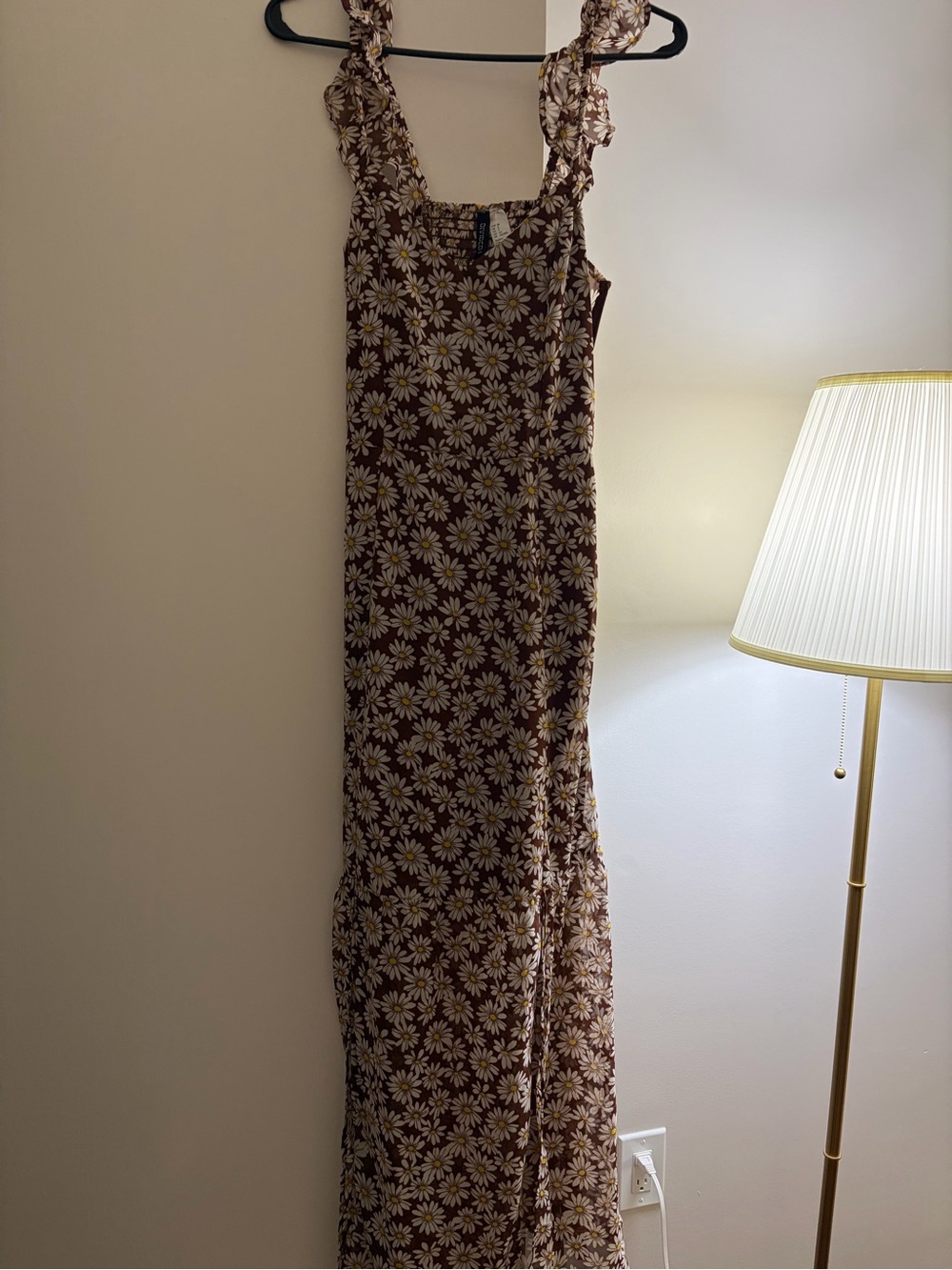 H&M Brown Daisy Print Maxi Dress with Ruffled Straps